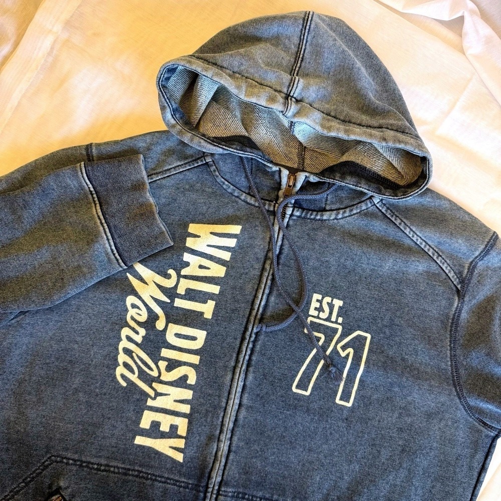 Disney Parks Full Zip Hoodie Mens Large Blue Acid Wash Walt Disney World Est 71
